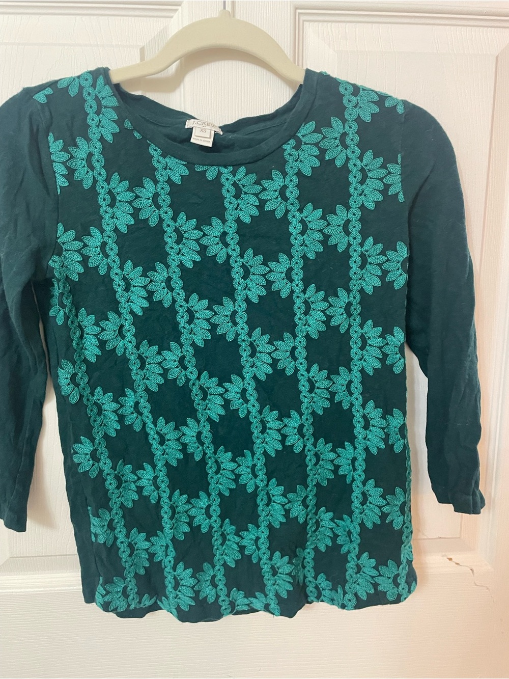 J Crew Green Floral Appliqué 3/4-Sleeve Top